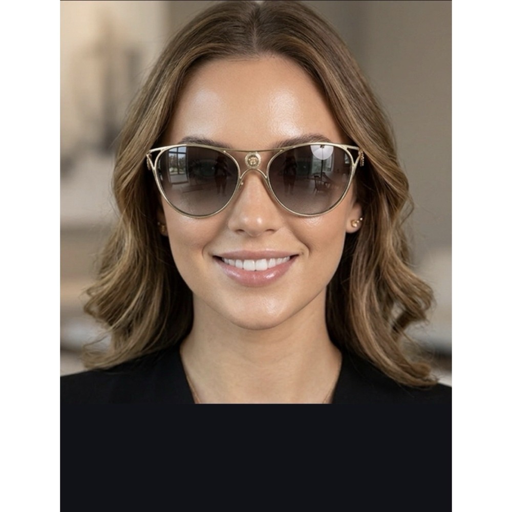 Versace MOD. 2237 Gold Metal Cat Eye Sunglasses Brown Tinted Lenses UV400